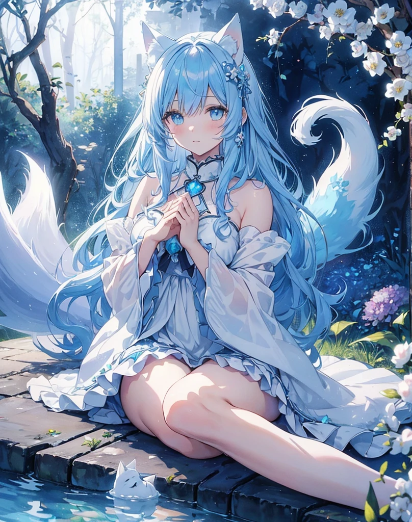 (high quality, 8k), (Soft Light), Iridescent, One nekoGirl, neko ears, fox tail,Detailed face, Beautiful Eyes, watercolor paiting, So magical and dreamy, Dreamy details, Dreamy atmosphereとドラマ, Gorgeous atmosphere, Fantastic and beautiful lighting, Dreamy atmosphere, Beautiful atmosphere, Dreamy Romantic, Fantastic and dreamy theme, Magical atmosphere, Beautiful atmosphere, Anime Background Art, Magical atmosphere + Tabletop, Dreamy aesthetics, Beautiful details with atmosphere, Lots of flowers, bubble, water, garden, Sit on the ground, Shining Eyes. (((Light blue hair))), (((white cat ears))), (((light blue fox tail))). Water. She hold a little cute white fox on her belly between her hands