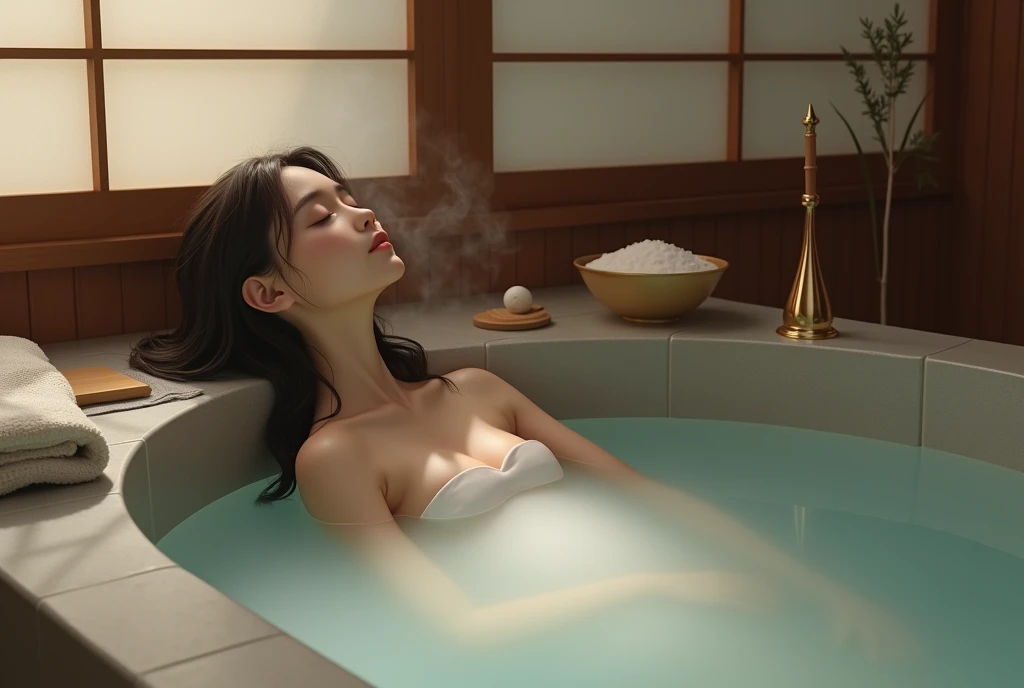 a Japanese woman in a bikini taking a bath