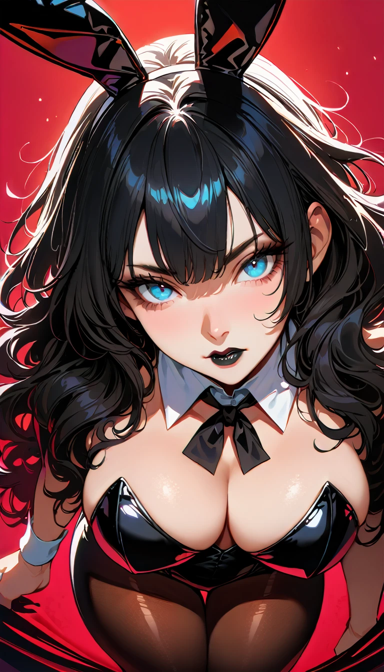 (high quality, 8k, 4K, high contrast, artwork:1.2, high quality, best aesthetics), (dynamic angle), (centered), (front view), ((1 woman)), erotic, sensual, mature body, grown woman, super detailed, beautiful face detailed, beautiful eyes detailed, detailed beautiful mouth, (long black wavy hair), (light blue eyes), (black eyeliner), (black eyeshadow), (black lipstick), (relaxed expression), (serious penetrating gaze), (looking at the viewer), (standing), (straight posture), (woman facing forward), (women's black playboy bunny costume), (black bunny ears), (white collar with black bow tie), (pantyhose), (light simple background)