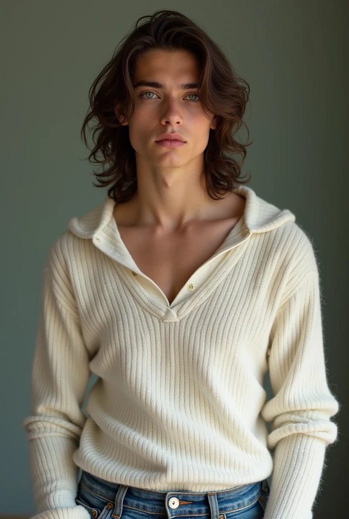 Boy, Olive brownish skin, Italian descendants, living in England as immigrant though, cute, beautiful, strikingly attractive, green eyes and intense, soft pink lips naturally shaped, long, mid-length wavy brown hair cascaded with gentle curls, slender build and delicate features gave him a somewhat feminine appearance, very cute nose, quiet, mysterious, shy, a man, , skinny body yet sexy, wearing a cute white sweater, jean that’s really nice and cozy for winter. Young looking, young, skinny arms