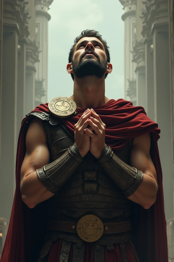 Generates a slightly dark man, with little beard, attractive, thin and muscular, with a palm between the hands, Looking at the sky, with clothes of a Roman soldier