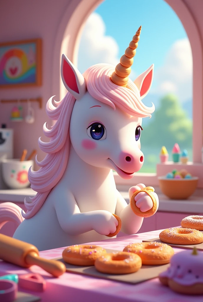 A Unicorn making donuts to sell 