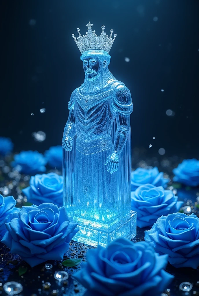 King piece of crystal and blue roses with dark background and diamonds
