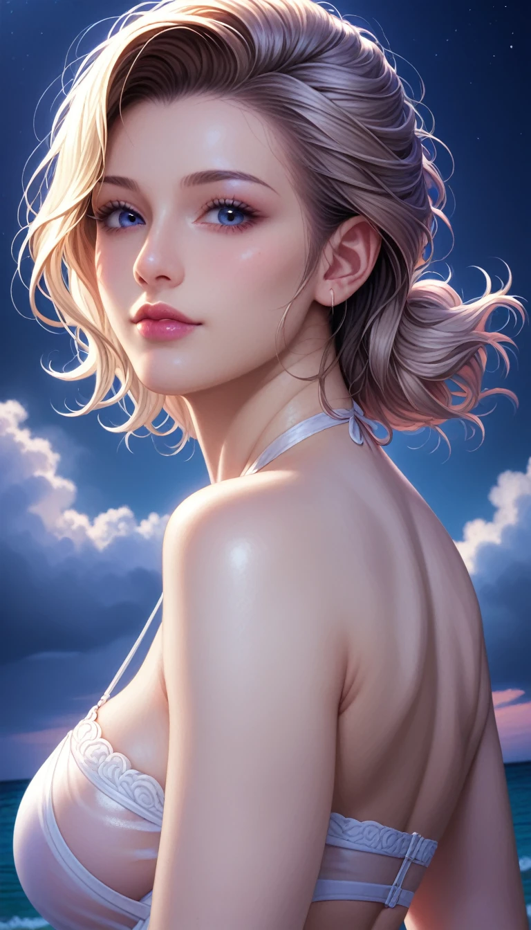 score_9, score_8_superior, score_7_superior, High resolution 3D anime style,A masterpiece in 32K resolution,Highest quality,it is really amazing,Very detailed,Ultra-high resolution,Ultra-realistic,Realistic,Increased depth of field,Cinematic lighting,
Elegant mature Japanese woman,
black straight medium hair,Ultra-detailed and beautiful face,Calm and gentle look,Translucent white skin,Realistic skin texture,Great proportions,
Elegant swimwear,
Summery design,Chic color scheme,Beautiful and delicate decoration,Detailed fabric texture,
Overcast night sky,(Dark Clouds:1),(Thundercloud:1),Coastline at night,Stormy seas,(delay々A desolate sandy beach that continues:1),
dramatic,Beautiful back view,