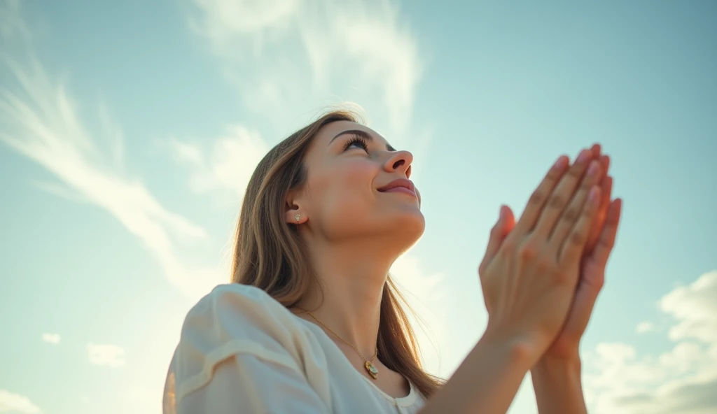 photograph of young woman praying to God with her hands extended to the sky