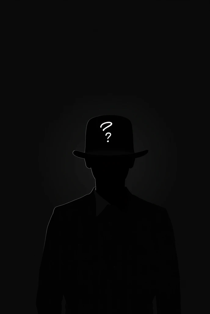 A completely dark background with an outline of a person wearing a completely dark-colored formal hat with the image of a question mark in the center