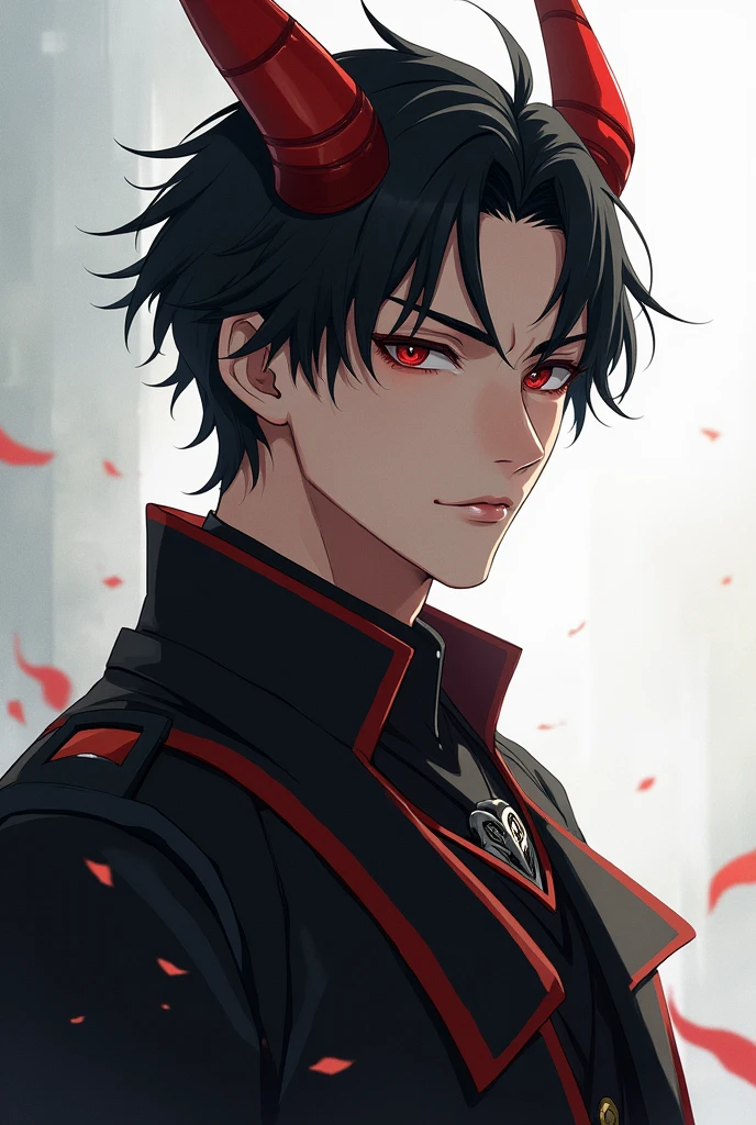 Anime style like Genshin impact, a swordsman warrior with straight but not so big dragon horns, a black trench coat like Gambit&#39;s, short black hair, handsome and charismatic person 