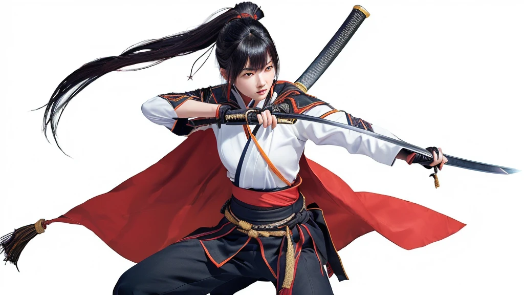 a close up of a woman with a sword and a cape, katana zero video game character, kunoichi, female samurai, dramatic wielding katana pose, yayoi kasuma, as a character in tekken, katana, she is holding a katana sword, fox nobushi holding a naginata, fighting game character, mai shiranui