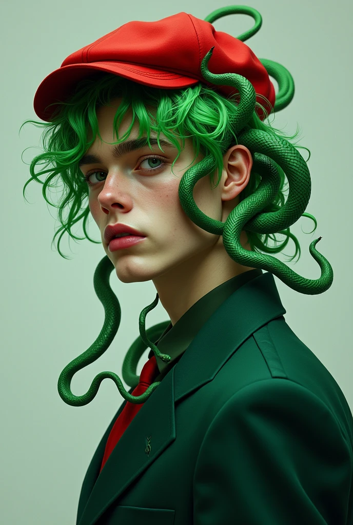 Young man with green hair made of snakes and covered with a red cap and dark green suit with gray snakes only in his hair and covered with the cap