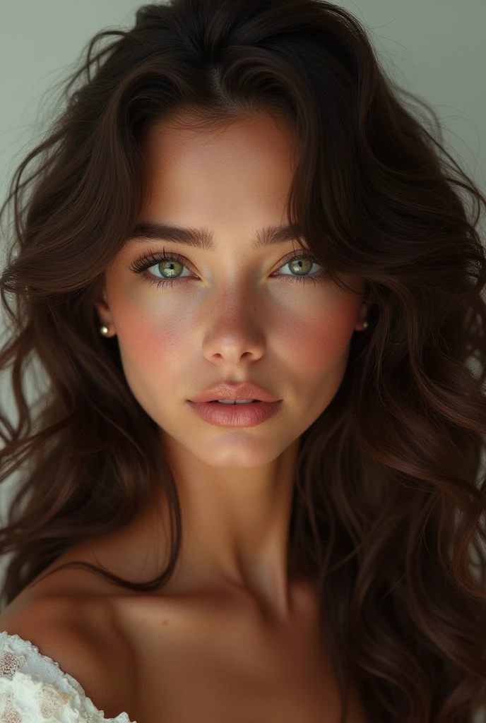 a brown skin girl with doe pure green eyes long eyelashes slim cheeks dimples full link lips long curly brown hair really long