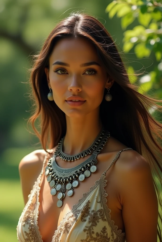 Create a beautiful cinnamon-skinned woman, almond-shaped olive-colored eyes, long hair slim build, on a nature background, apparently a park, wearing a large and beautiful silver-colored ethnic necklace fitted to the neck, with coins hanging around the necklace, and some beautiful earring hoops peeking out