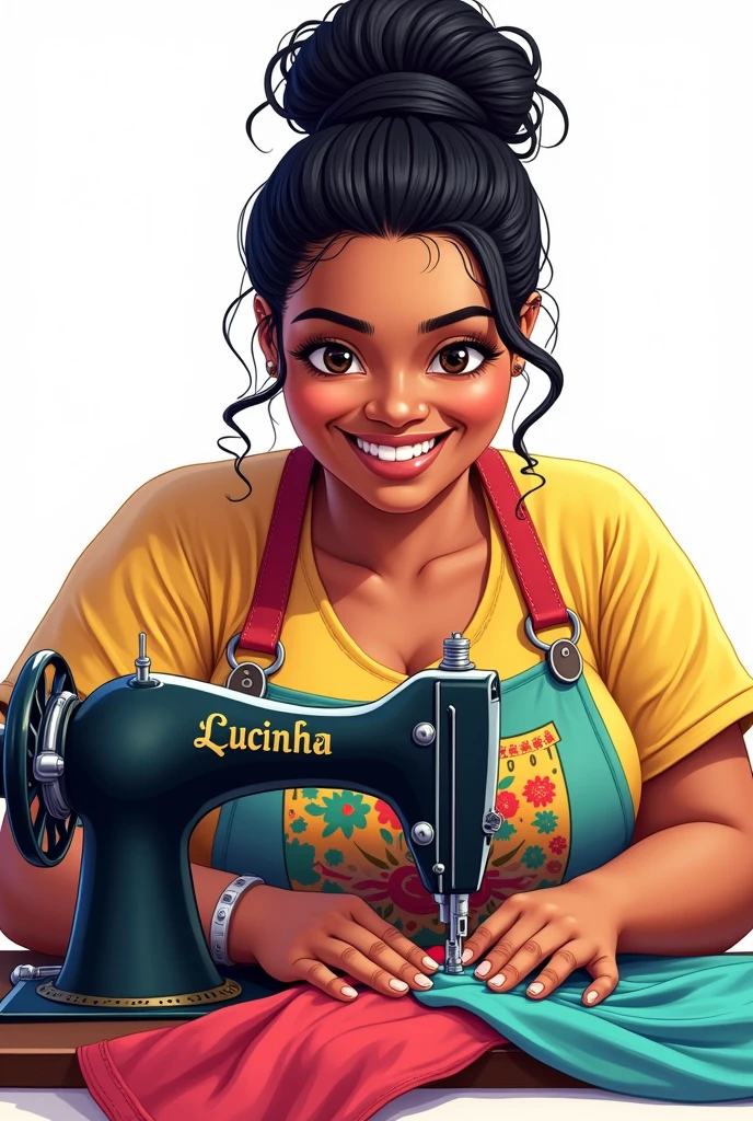 Drawing of a chubby Brazilian woman with black hair tied up with a dimple on her face. Seamstress sewing on the sewing machine. White background. Apron with the name Lucinha. Colored image.