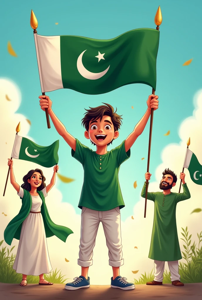 Happy Independence Day of ! A cartoon depicts youth celebrating on August 14th. A 17-year-wearing a green shirt and white pants, holding flags in both hands with the correct orientation of the moon and star. In the corner, two 1s are wearing greekameez and white shalwar, also carrying flags and cheering for Pakistan.
