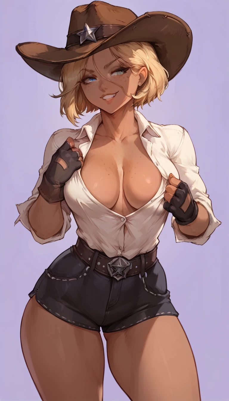 (solo) female , black short hair, woman, attractive, goth, collared shirt, ((white shirt)), several button open to show cleavage, show belly, blue eyes, blonde hair, cleavage, ((cowboy)), (cowboy hat:1.3), short gloves. fingerless gloves, hat, thicc, freckles, freckles on face, smug eyes, (happy expression), she is standing look to the viewer , violet background, simple background, thick thighs (front view) (dark skin)