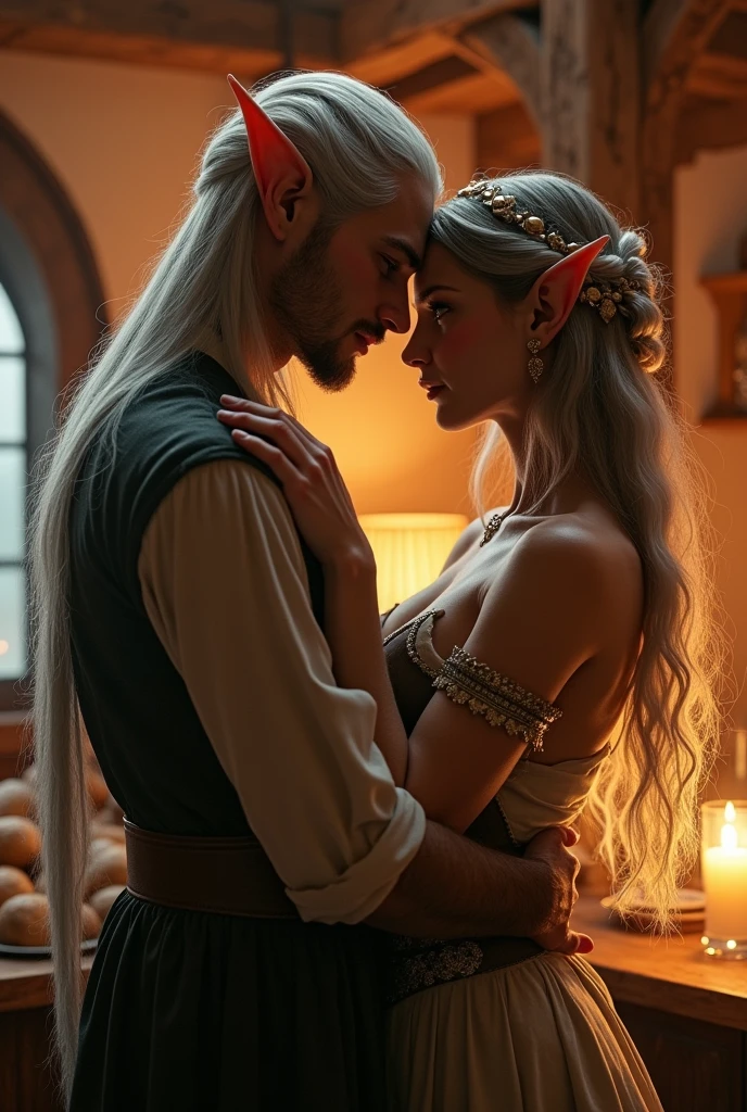 Fantasy male elf seducing a female human innkeeper