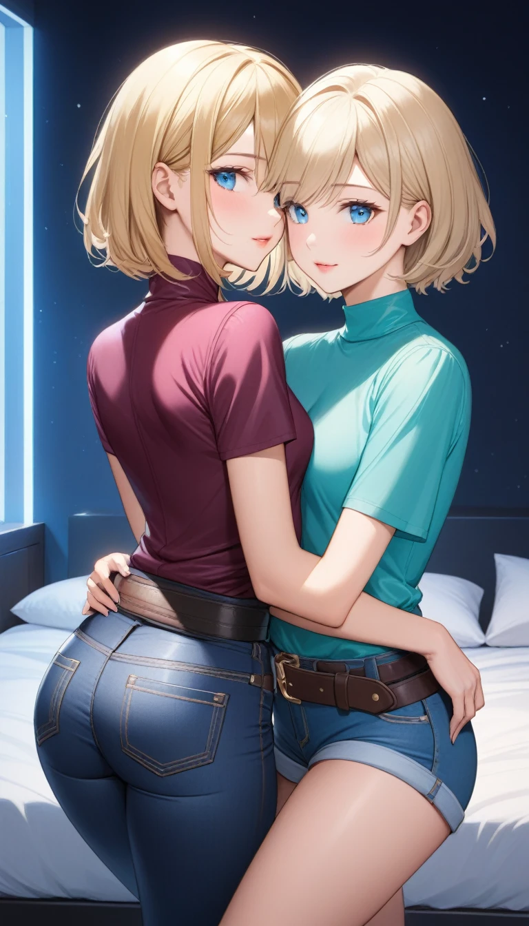 Two beautiful ladies ((lady 1: 35y old mom, with short straight blonde hair, lady 1 with blue eyes and caucasian skin, lady 1 wearing Tight Jeans and Leather Belt, lady 1 Sexy Criss Cross Mock Neck Short Sleeves Burgundy Blouse)), ((lady 2: 13y old daughter, with short straight blonde hair, lady 2 with blue eyes and caucasian skin, lady 2 wearing Tight Jean Shorts and Leather Belt, lady 2 Sexy Criss Cross Mock Neck Short Sleeves Turquoise Blouse)), luxurious jewelry, 18k gold wedding ring on left hand, standing in their bedroom at night, hugging and kissing each other, (light brown lipstick), (elegant mascara), (slim body), (small breasts), (wide hips), endjourney, <lora:GoodHands-, <lora:GoodLegs-, UHD, high resolution, (expressive eyes, perfect face, full body, expressive face, perfect body, perfect pussy, athletic, fit, slim body, blushing, Perfect makeup, eyeliner, beautiful eyelashes, smiling, horny face), ((best illumination, best shadows)), ((sexy pose)), ((Front pov:1.1))