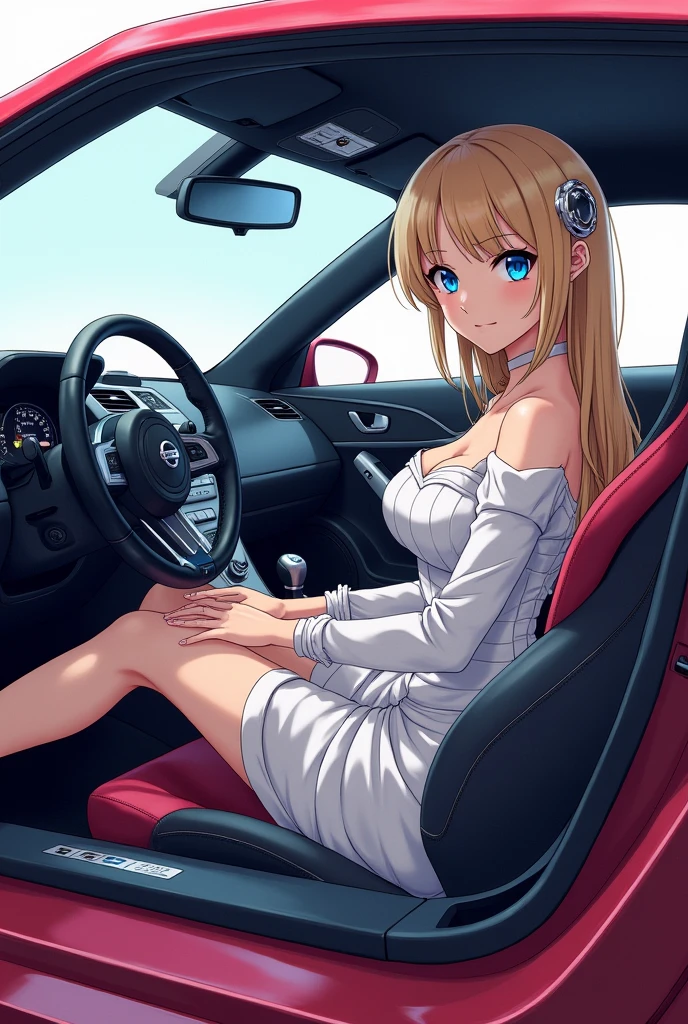 Elizabeth from the 7 deadly sins with great features inside a gtr 35 from the side do it like a drawing