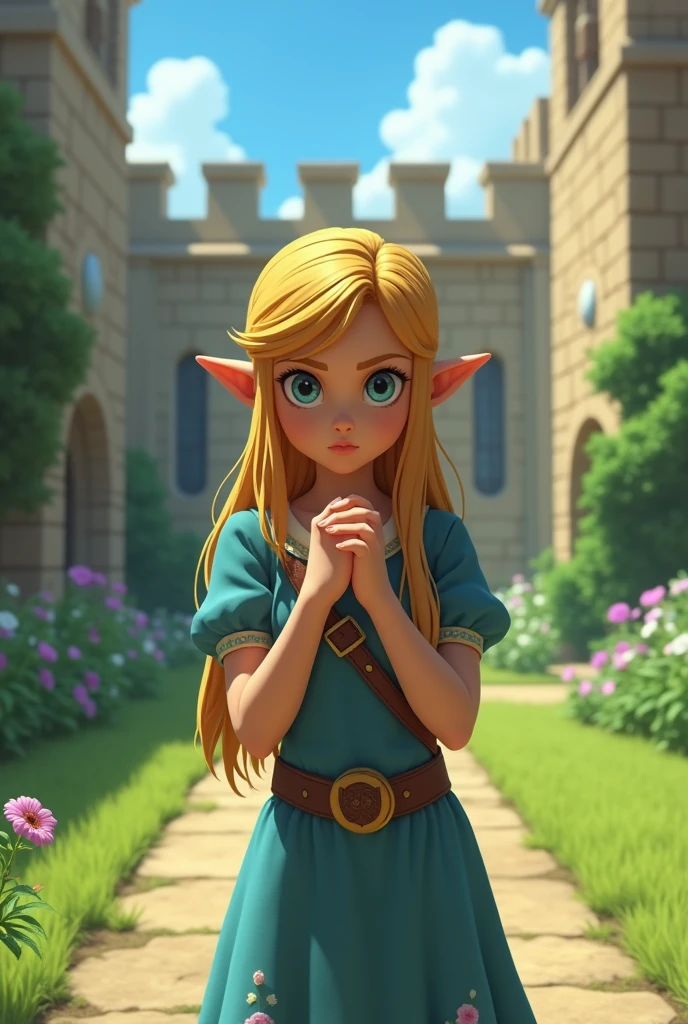 princess zelda, child zelda, oot, outdoors, looking at viewer, hands on chest, serious, medium shot, outside, castle courtyard, flowers, grass, blue sky, extreme detail