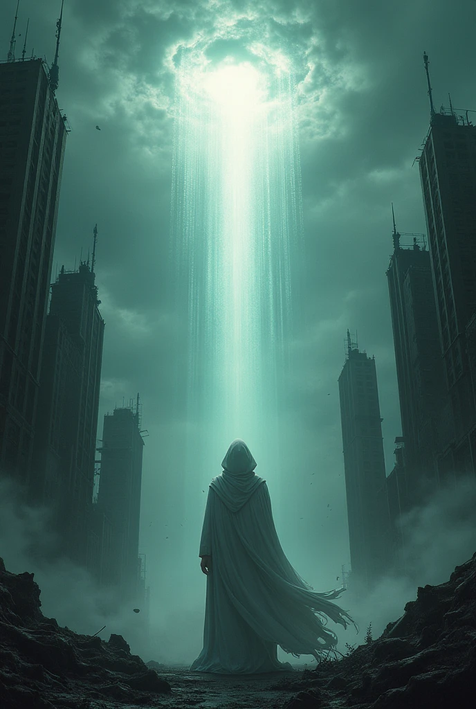 Create a dark city and an illuminated sky while people rise to the sky and a man dressed in white whose face cannot be seen so that the image looks majestic