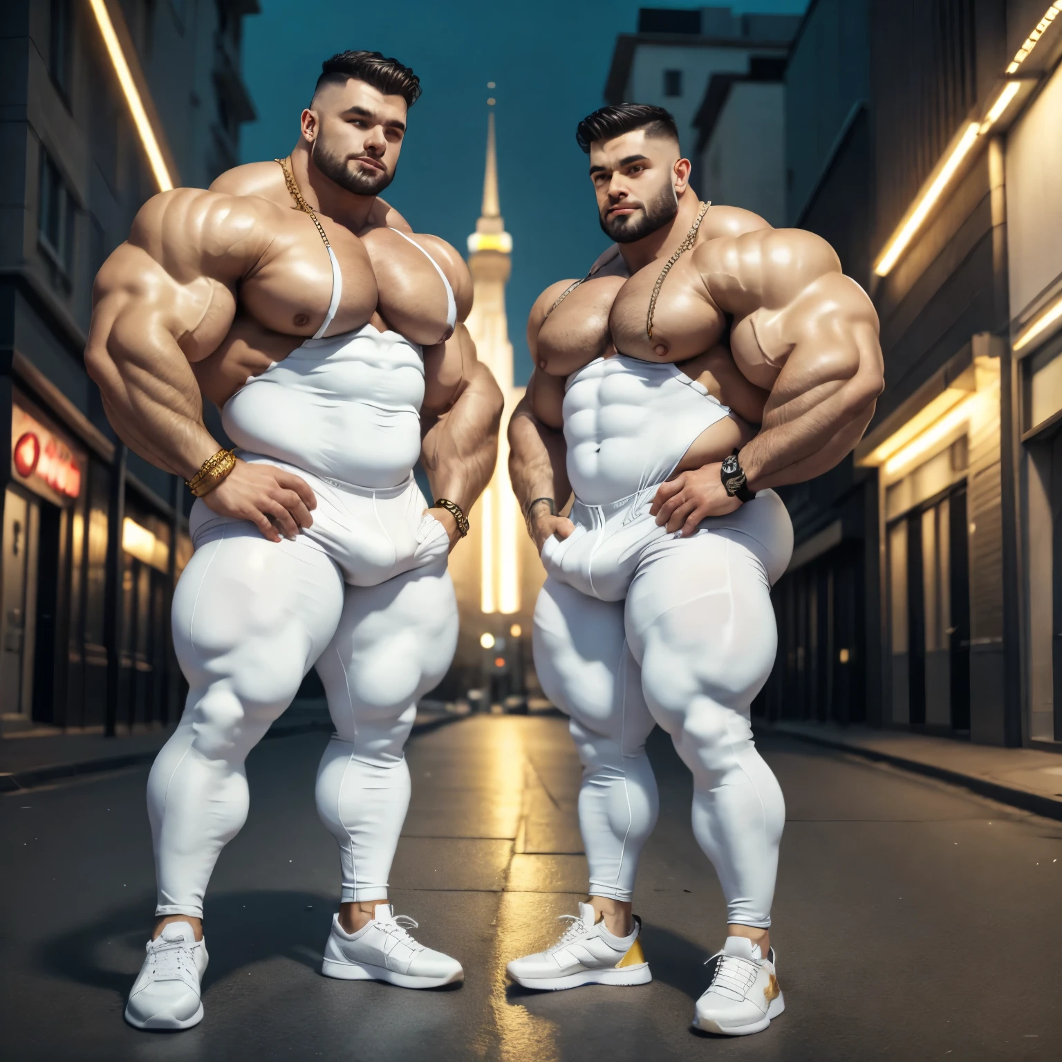 full view, full body, two over-muscular over-bodybuilded white european drunk males with hyper-clean undercut haircuts, wearing white lycra jumpsuits and white lycra socks, hype-fashioned chunky hi-top sneakers and golden glittering crowns, golden rings, bracelets, chains, they stagger forward in deserted street at night, white lycra socks must be seen