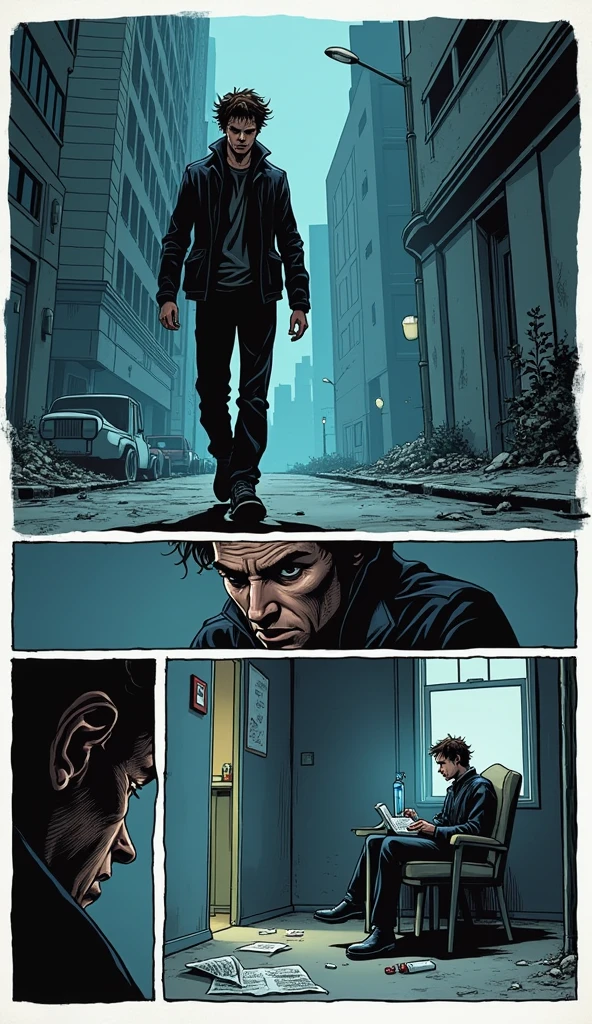 new modern style comics books, Storyboard Peter Parker walking down the street and sitting at home depressed alone absent-minded psychotic