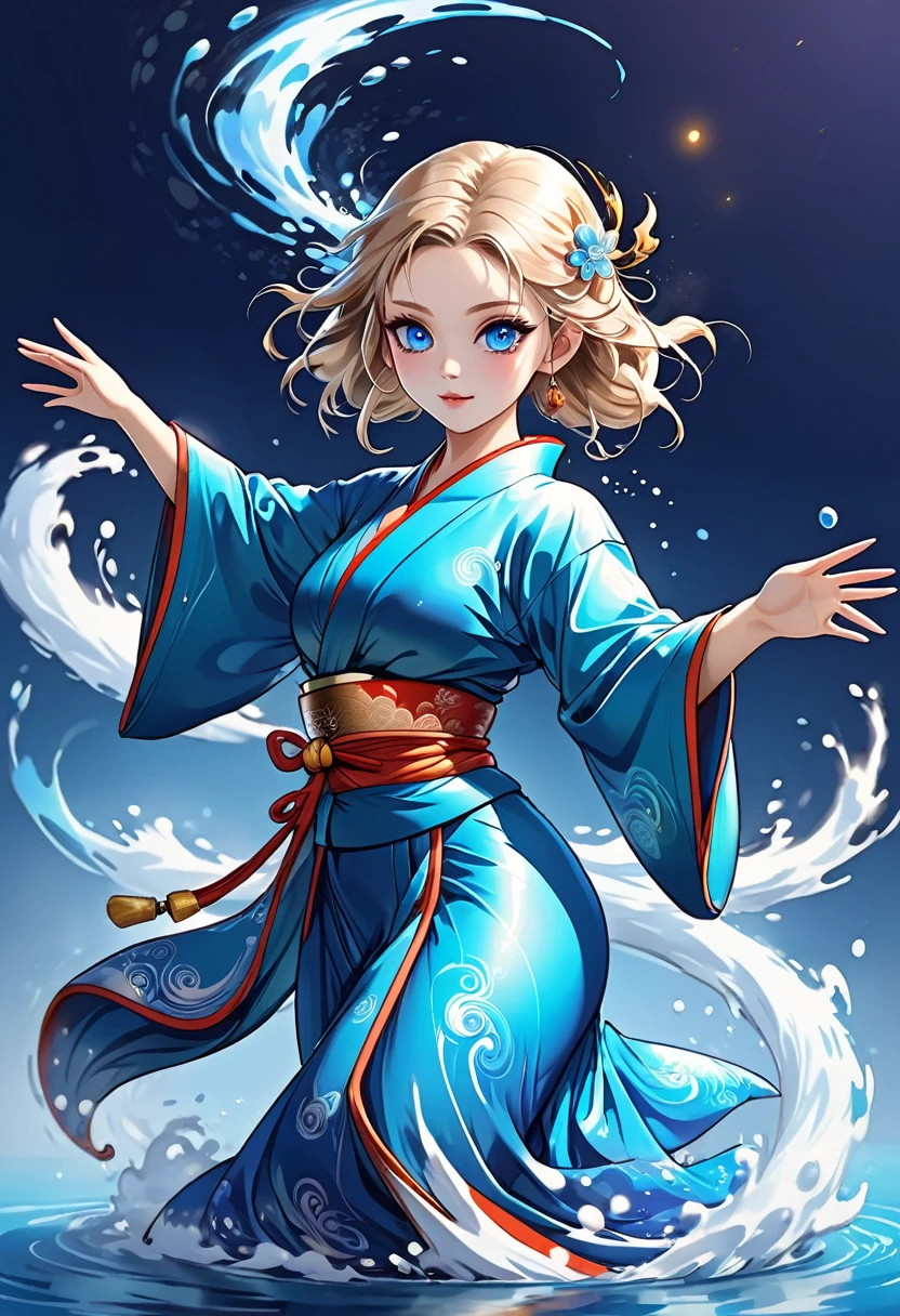 full body illustration, magical dance pose, gorgeous female air and water wizzard in traditional kimono, magical female monk, blue shiny eyes, gorgeous big cute eyes, gorgeous woman, big chest