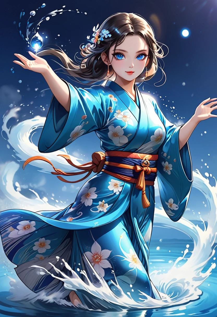 full body illustration, magical dance pose, gorgeous female air and water wizzard in traditional kimono, magical female monk, blue shiny eyes, gorgeous big cute eyes, gorgeous woman, big chest