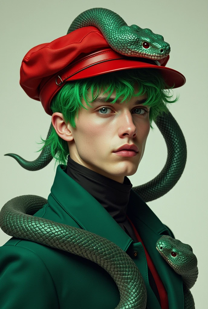 Young and handsome man with green hair made of snakes and covered with a red cap and dark green suit with gray snakes only in his hair and covered with the cap
