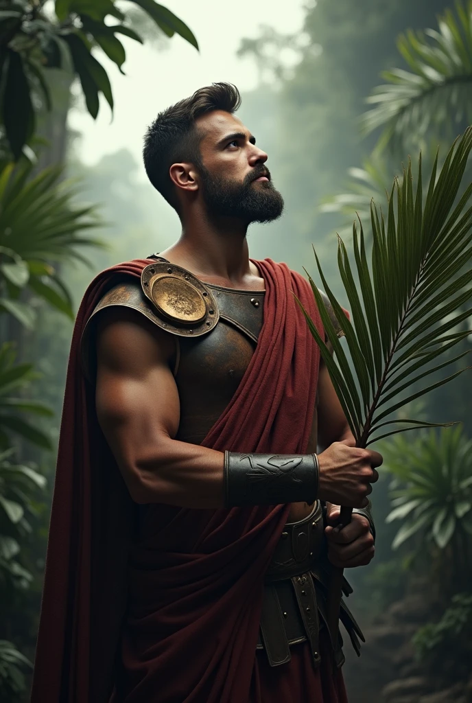 Generates a slightly dark man, with little beard, attractive, thin and muscular, with a palm leaf in his hands, Looking at the sky, with clothes of a Roman soldier