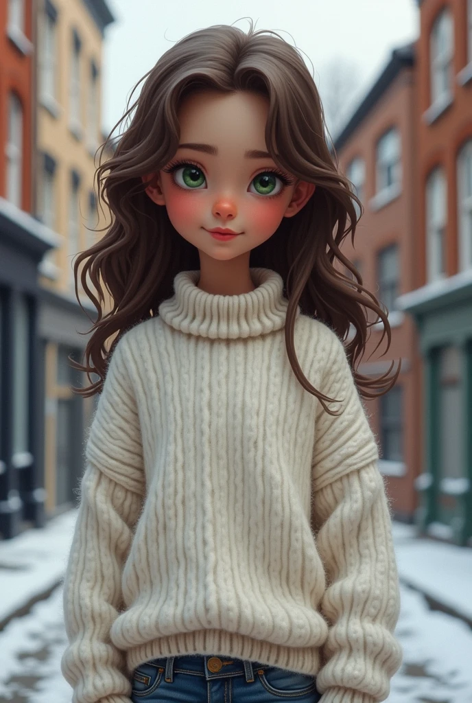 Boy, Olive brownish skin, Italian descendants, living in England as immigrant though, cute, beautiful, strikingly attractive,  green eyes and intense, soft pink lips naturally shaped, long, mid-length wavy brown hair cascaded with gentle curls,  slender build and delicate features gave him a somewhat feminine appearance, very cute nose, quiet, mysterious, shy, teenager,  , skinny body yet sexy, wearing a cute white sweater, jean that’s really nice and cozy for winter. Young looking, young, skinny arms 