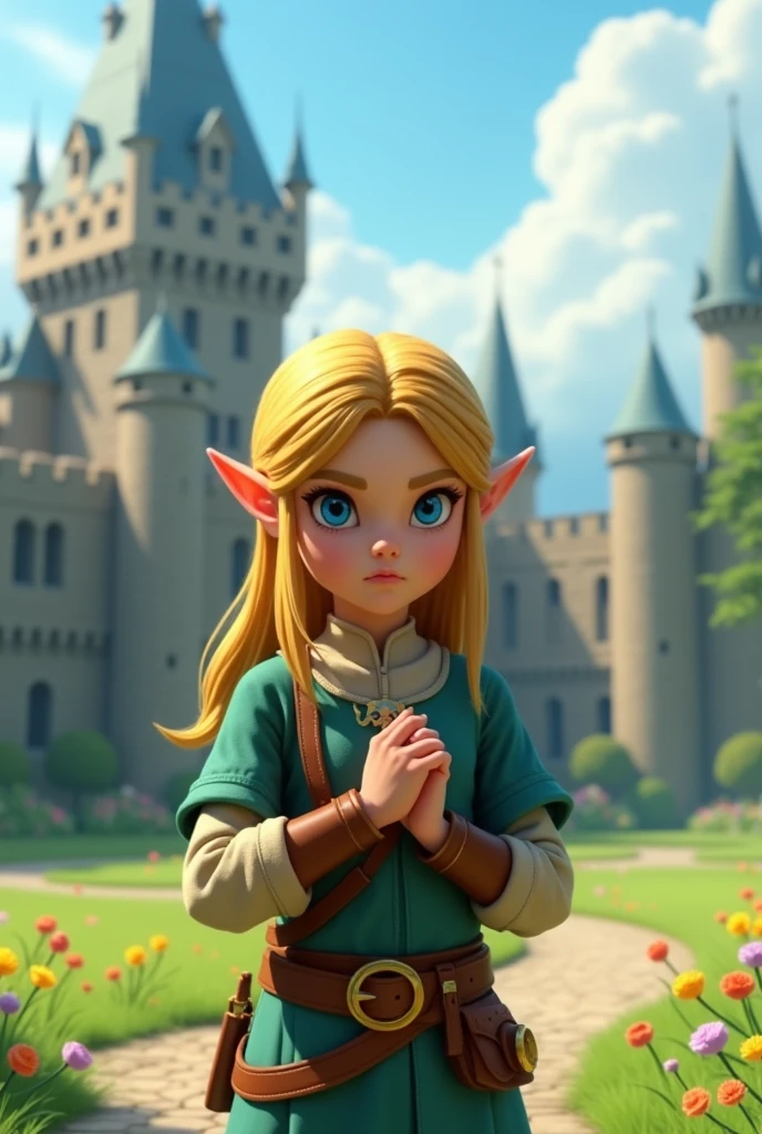 princess zelda, child zelda, oot, outdoors, looking at viewer, hands on chest, serious, medium shot, outside, castle courtyard, flowers, grass, blue sky, extreme detail