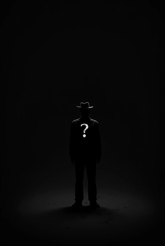 A completely dark background with an outline of a person wearing a completely dark-colored formal hat with the image of a question mark in the center of the chest