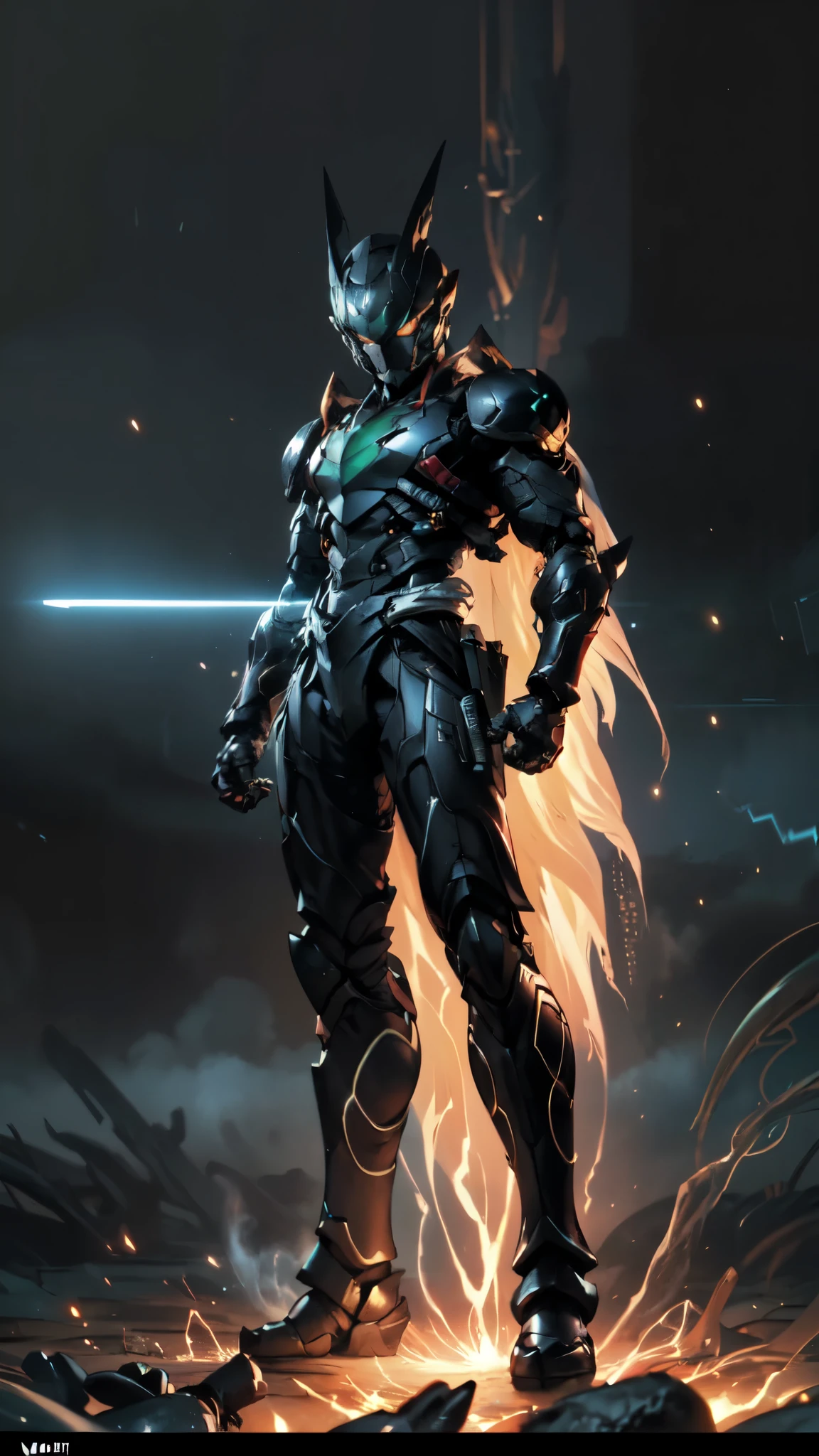 (masterpiece:1.5, best quality:1.5, extremely delicate:1.5), a man wearing a full-face helmet, a fantasy-style biotech armored combat suit, green eyes, (a composite layered chest armor), fully enclosed shoulder guards, matching arm and leg guards, belt of Neon circuit, (the color scheme is primarily black with green and red accents), the design balances heavy with agility, a high-tech bio-mecha armor, (Armor Concept Inspired by Superman, stand on the top of a skyscraper in a futuristic sci-fi city), this character embodies a finely crafted fantasy-surreal style armored hero in anime style, exquisite and mature manga art style, (element, plasma, energy, the armor glows), ((male:1.5)), metallic, high definition, highres, ultra-detailed, ultra-fine painting, professional, perfect body proportions, golden ratio, anatomically correct, symmetrical face, extremely detailed eyes and face, high quality eyes, creativity, RAW photo, UHD, 32k, Natural light, cinematic lighting, masterpiece-anatomy-perfect