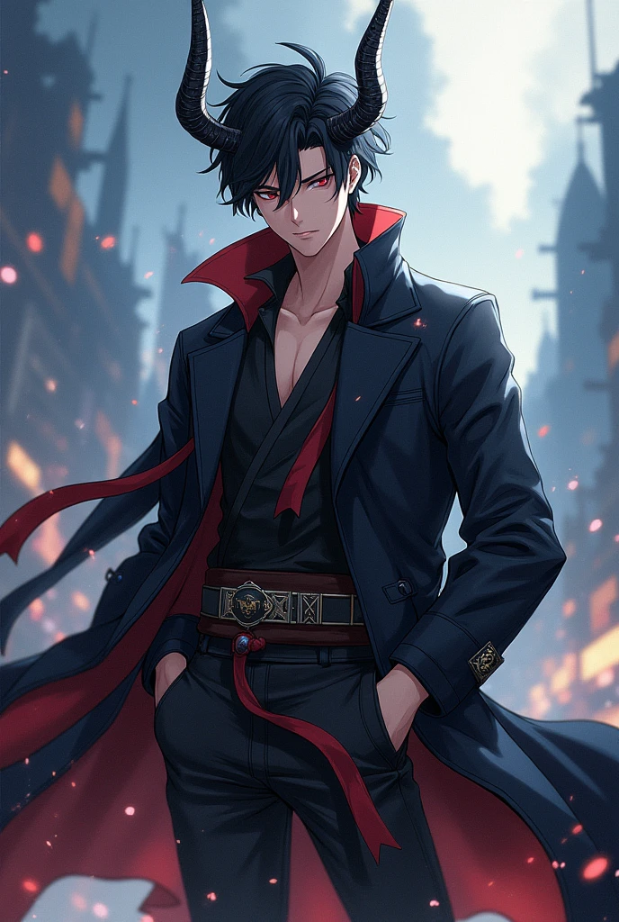 Anime style like Genshin impact, a swordsman warrior with straight but not so big dragon horns, a black trench coat like Gambit's, short black hair, handsome and charismatic person