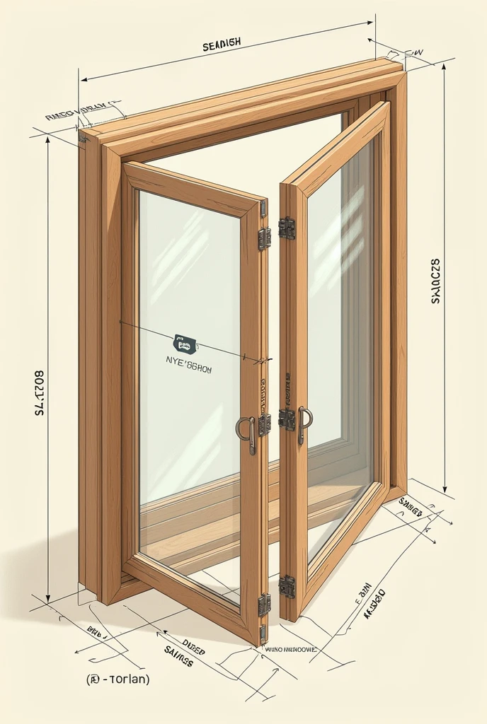 Animated wooden French window in assembly drawing as if it were the plan or the parts of the window in 3d