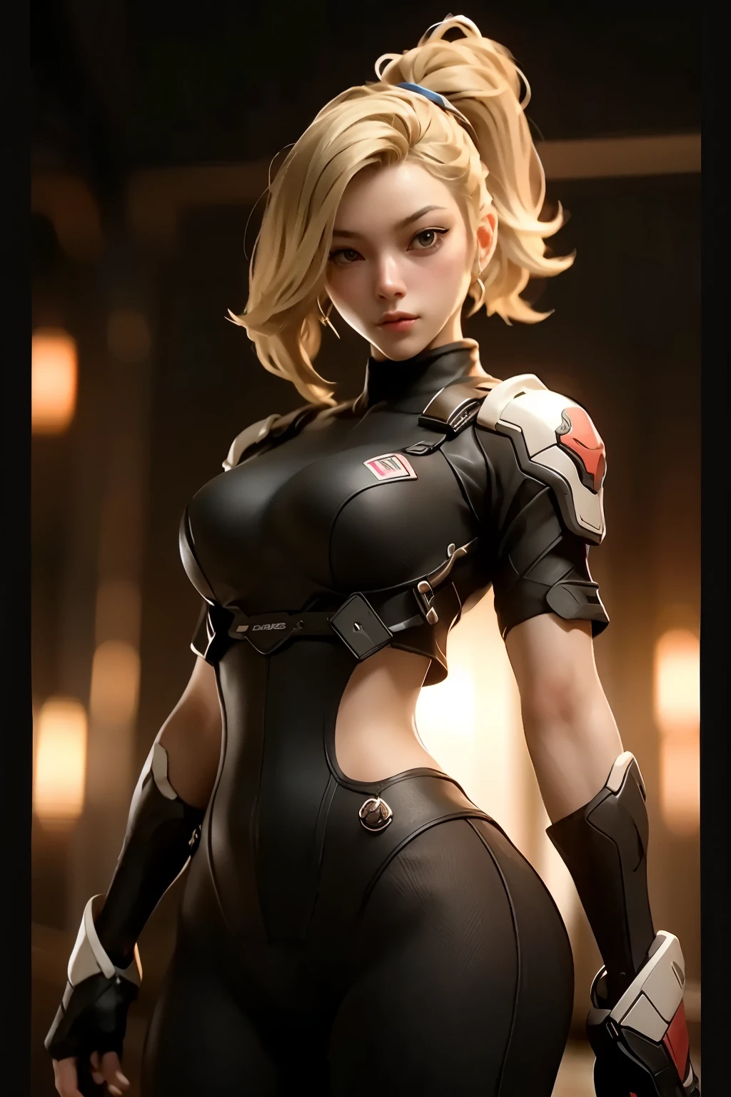 ((best quality)), ((Masterpiece)), (details:1.4), 3d, HDR (high dynamic range), an image of a beautiful cyberpunk female, Hight ponytails, Blonde hair, Black eyes, จมูกโด่ง, ปากแดง, หน้าอกใหญ่, nvidia RTX, PBR surface, After processing, Anisotropic filtration,depth of field, Maximum clarity and clarity, multi-layered surface, Subsurface scattering, perfect proportions, 8K raw files, ความละเอียดสุดยอด, Unreal 5, Perfect proportions, Octane Render, Two-tone lighting, Wide aperture, Low ISO, รายละเอียดดวงตา, crusader, Heavy armor, Fierce