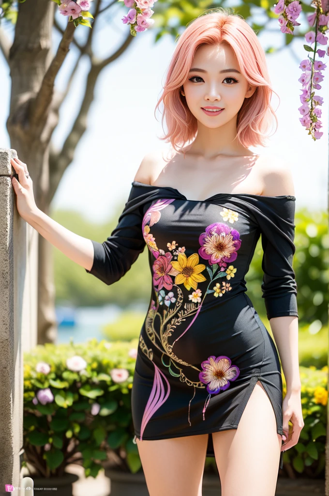 highly detailed and intricate background, full body shot, absurdist, high resolution, ultra detailed, 1 sexy female model, Yae Miko, bright smile, pink hair, purple eyes, (floral branch:1.3), (Zentangle:1.2), (Geometric:1.2), colorful
