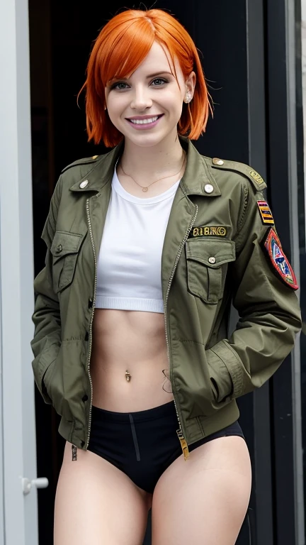Hayley Williams wearing military jacket with thong and smiling
