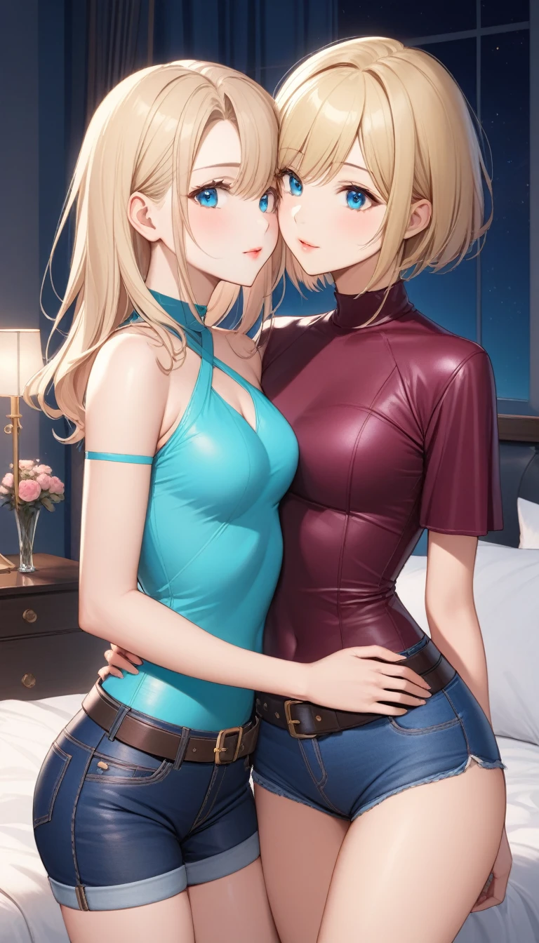 Two beautiful ladies ((lady 1: 35y old mom, with short straight blonde hair, lady 1 with blue eyes and caucasian skin, lady 1 wearing Tight Jeans and Leather Belt, lady 1 Sexy Criss Cross Mock Neck Short Sleeves Burgundy Blouse)), ((lady 2: y olaughter, with short straight blonde hair, lady 2 with blue eyes and caucasian skin, lady 2 wearing Tight Jean Shorts and Leather Belt, lady 2 Sexy Criss Cross Mock Neck Short Sleeves Turquoise Blouse)), luxurious jewelry, 18k gold wedding ring on left hand, standing in their bedroom at night, hugging and kissing each other, (light brown lipstick), (elegant mascara), (slim body), (small breasts), (wide hips), endjourney, <lora:GoodHands-, <lora:GoodLegs-, UHD, high resolution, (expressive eyes, perfect face, full body, expressive face, perfect body, perfect pussy, athletic, fit, slim body, blushing, Perfect makeup, eyeliner, beautiful eyelashes, smiling, horny face), ((best illumination, best shadows)), ((sexy pose)), ((Front pov:1.1))