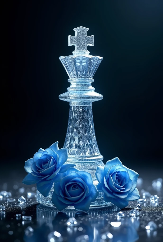King piece made of diamond and blue roses with dark background and diamonds