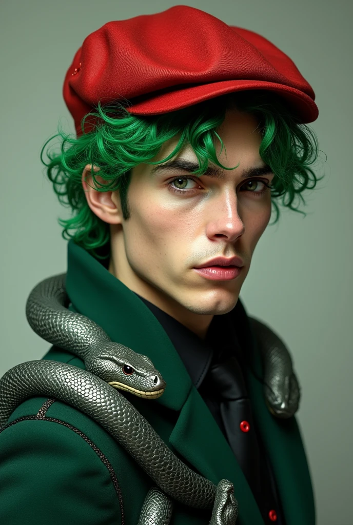 Young and handsome man with green hair made of snakes and covered with a red cap and dark green suit with gray snakes only in his hair and covered with the cap