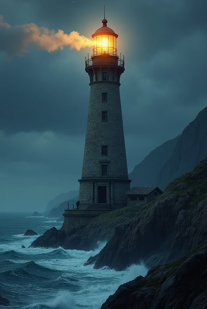 Create a lighthouse that illuminates at night seen from far away on the high seas