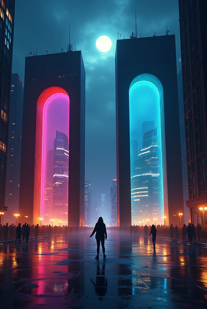 2 large colorful window - shaped windows in the center of a big city, realistic, concept art, night, moon, dramatic lighting, doggar