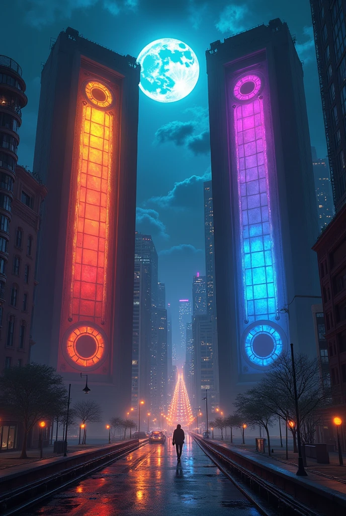 2 large colorful window - shaped windows in the center of a big city, realistic, concept art, night, moon, dramatic lighting, doggar