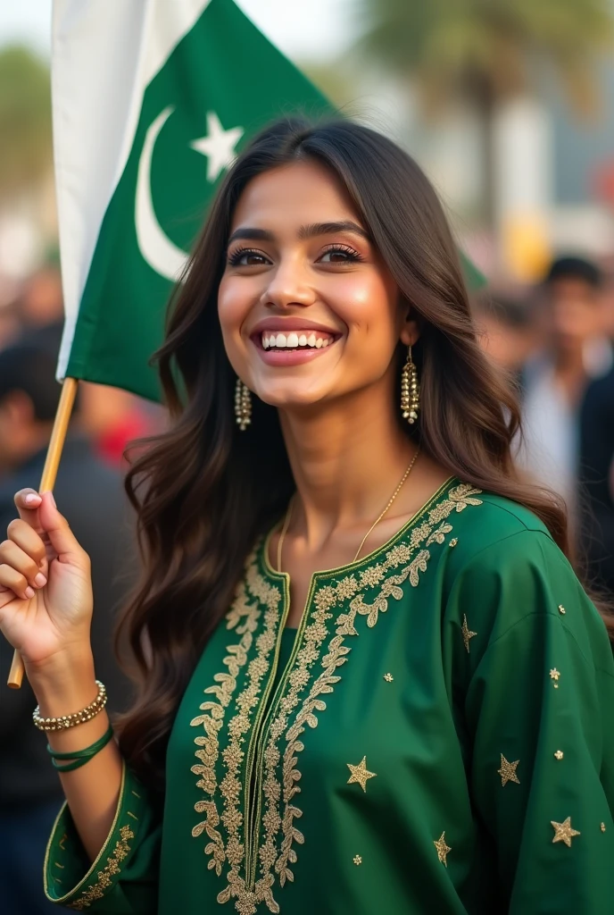 A 24 year old girl  celebrating independence day of Pakistan with flag of Pakistan wearing green and white shalwar suit 