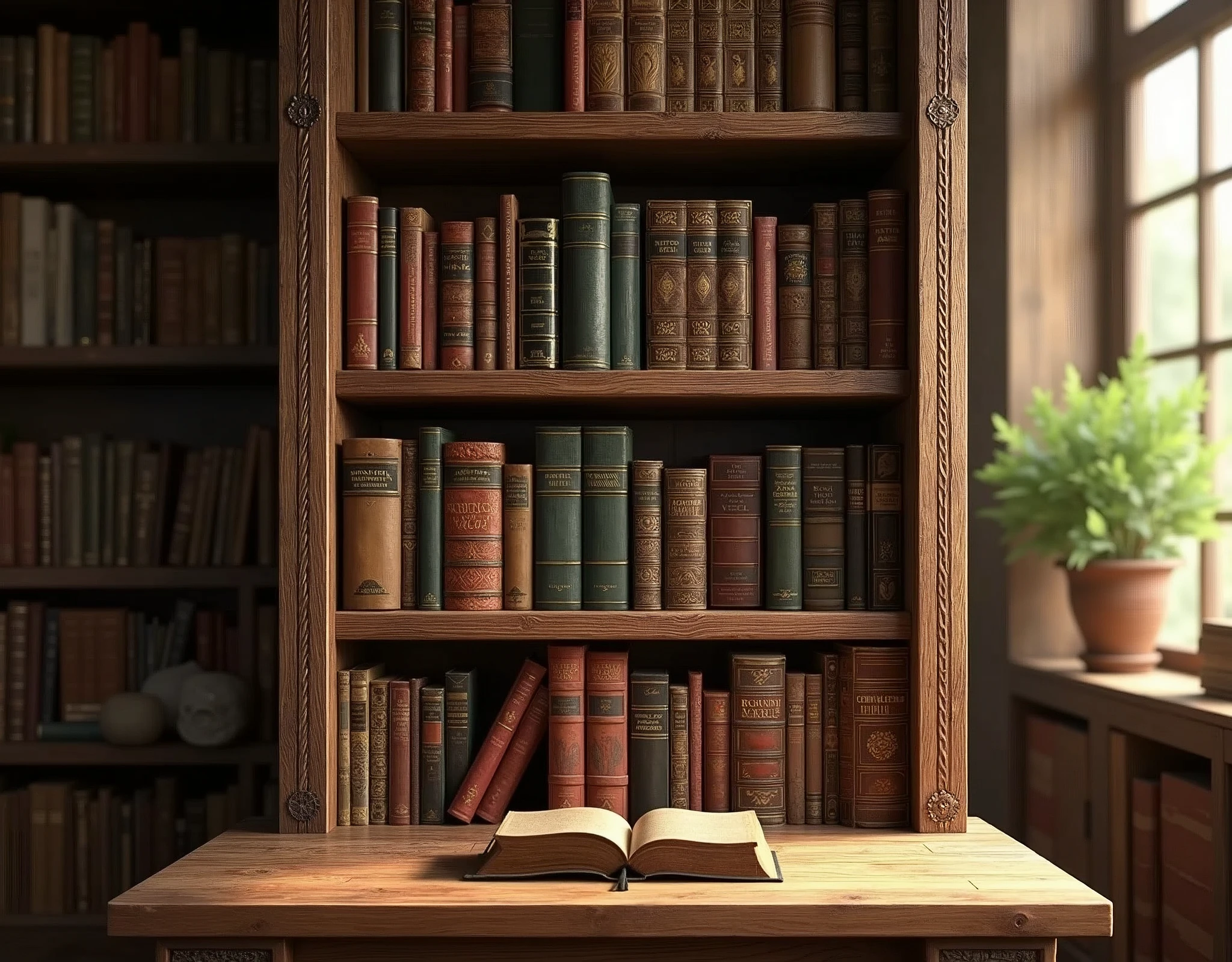 shelf with many books in the center a bible