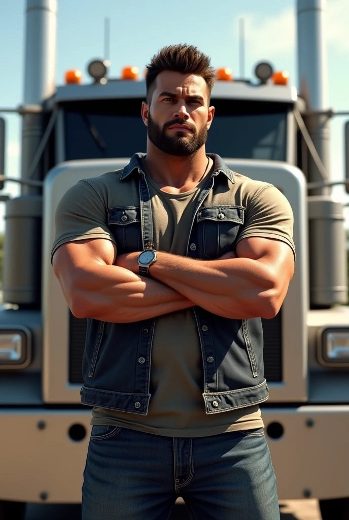 Cj from gta masculine truck driver standing outside with his vehicle behind with folded arms