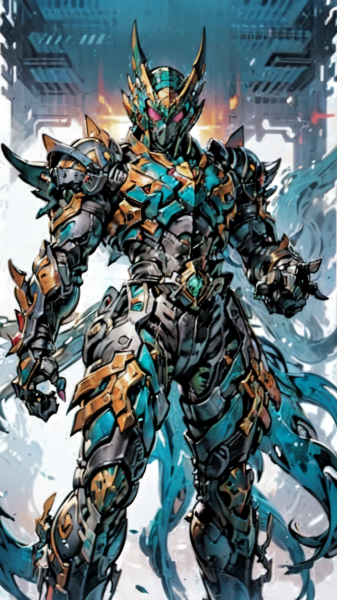 (masterpiece:1.5, best quality:1.5, extremely delicate:1.5), a man wearing a full-face helmet, a fantasy-style biotech armored combat suit, green eyes, (a composite layered chest armor), fully enclosed shoulder guards, matching arm and leg guards, belt of Neon circuit, (the color scheme is primarily black with green and red accents), the design balances heavy with agility, a high-tech bio-mecha armor, (Armor Concept Inspired by Kamen Rider, stand on the top of a skyscraper in a futuristic sci-fi city), this character embodies a finely crafted fantasy-surreal style armored hero in anime style, exquisite and mature manga art style, (element, plasma, energy, the armor glows), ((male:1.5)), metallic, high definition, highres, ultra-detailed, ultra-fine painting, professional, perfect body proportions, golden ratio, anatomically correct, symmetrical face, extremely detailed eyes and face, high quality eyes, creativity, RAW photo, UHD, 32k, Natural light, cinematic lighting, masterpiece-anatomy-perfect