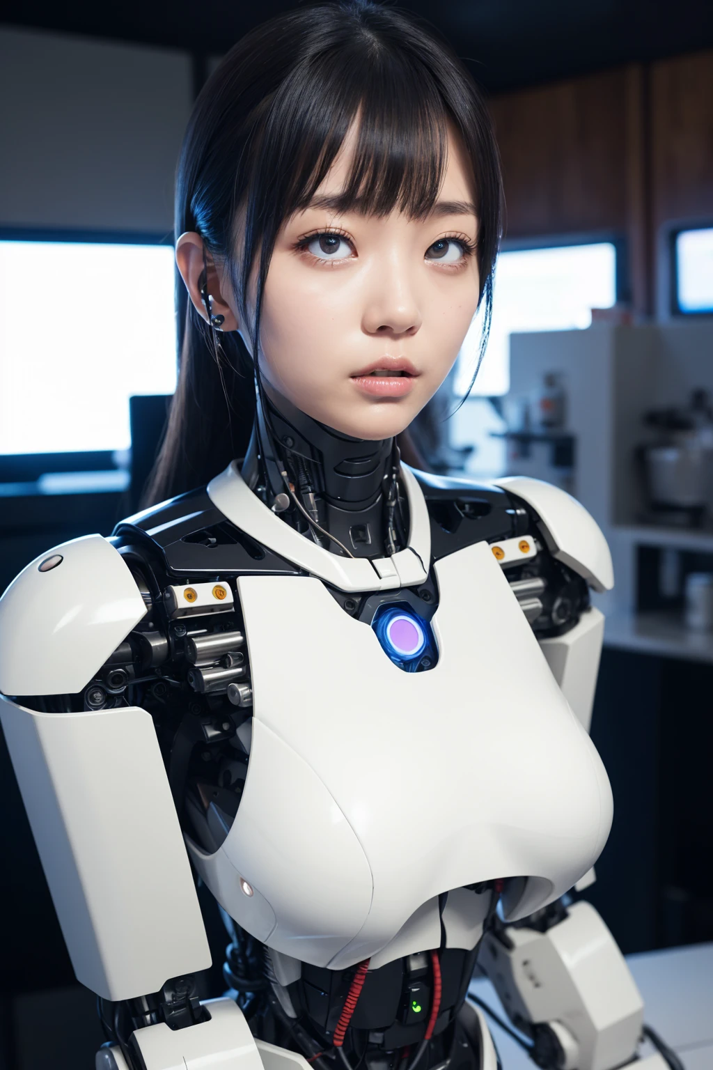masterpiece, best quality, extremely detailed, Japaese Cyborg girl,Plump , control panels,android,Droid,Mechanical Hand, Robot arms and legs, Black Robot Parts,Black hair,Mechanical body,Blunt bangs,White robotics parts,perfect robot girl,long tube,thick cable connected her neck,ceramic body ,mechanical body, mechanical ear cover, mechanical costume,android,robot,humanoid,cyborg,japanese android woman ,mechanical chest,full eyes,future laboratory,connecting a cable between the legs,rolling eyes