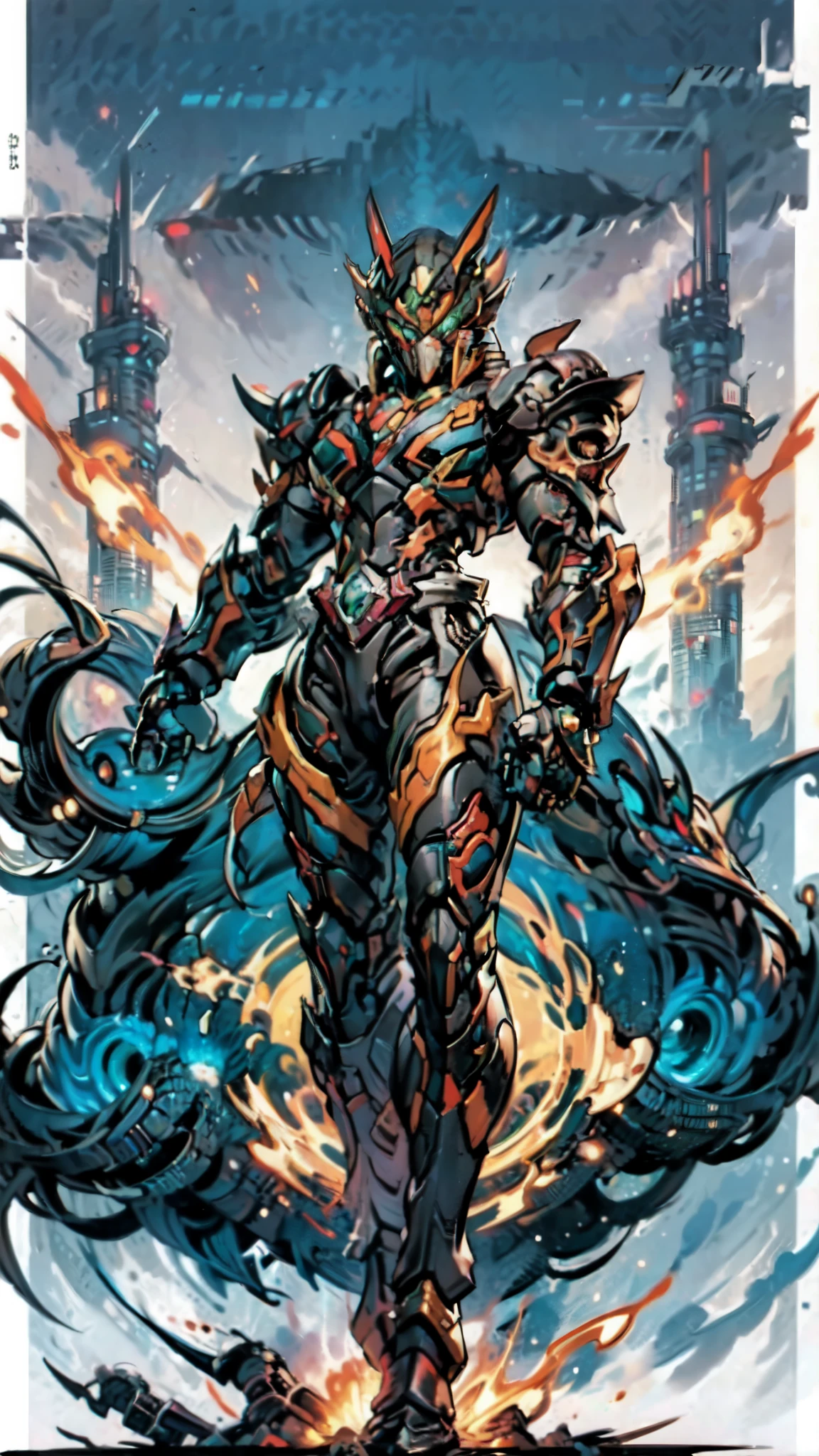 (masterpiece:1.5, best quality:1.5, extremely delicate:1.5), a man wearing a full-face helmet, a fantasy-style biotech armored combat suit, green eyes, (a composite layered chest armor), fully enclosed shoulder guards, matching arm and leg guards, belt of Neon circuit, (the color scheme is primarily black with green and red accents), the design balances heavy with agility, a high-tech bio-mecha armor, (Armor Concept Inspired by Kamen Rider, stand on the top of a skyscraper in a futuristic sci-fi city), this character embodies a finely crafted fantasy-surreal style armored hero in anime style, exquisite and mature manga art style, (element, plasma, energy, the armor glows), ((male:1.5)), metallic, high definition, highres, ultra-detailed, ultra-fine painting, professional, perfect body proportions, golden ratio, anatomically correct, symmetrical face, extremely detailed eyes and face, high quality eyes, creativity, RAW photo, UHD, 32k, Natural light, cinematic lighting, masterpiece-anatomy-perfect